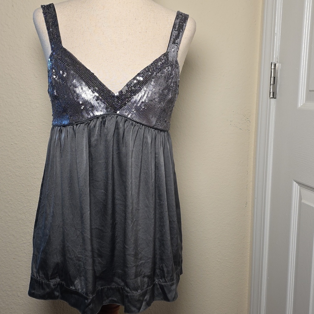 Y2K Moda International Gunmetal Gray/Silver Silk Sequin Babydoll Top